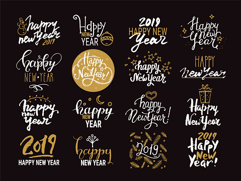Happy New Year 2019 lettering. Handwritten label, badge, emblem, text design, golden festive symbols for new year congratulation card, banner, poster, flyer. Design vector templates set.