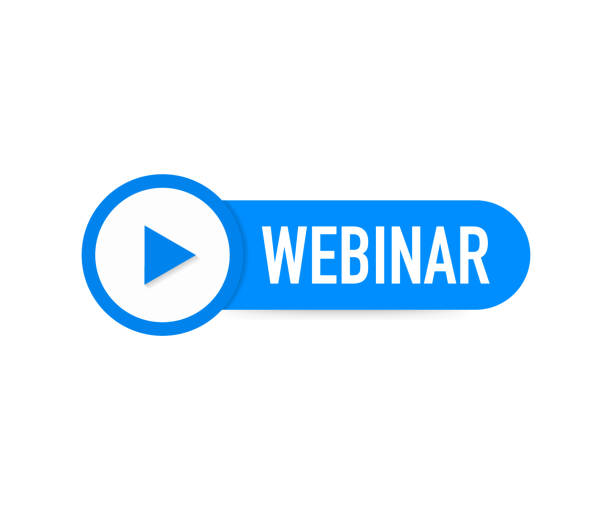 Webinar Icon, flat design style with blue play button. Vector illustration. Webinar Icon, flat design style with blue play button. Vector stock illustration. web conference icon stock illustrations