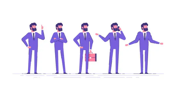 Vector illustration of Vector set of business characters poses and actions. A handsome businessman with beard  standing with arms crossed, talking on phone, shrugging, holding up his finger.