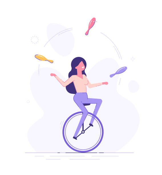 illustrations, cliparts, dessins animés et icônes de une femme d’affaires est à cheval sur monocycle et jonglage différentes tâches. concept de multitâche. illustration vectorielle plane. - unicycling