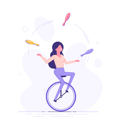 A business woman is riding on unicycle and juggling different tasks. Multitasking concept. Flat vector illustration.