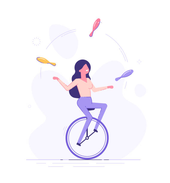A business woman is riding on unicycle and juggling different tasks. Multitasking concept. Flat vector illustration. A business woman is riding on unicycle and juggling different tasks. Multitasking concept. Flat vector illustration. overworked funny stock illustrations