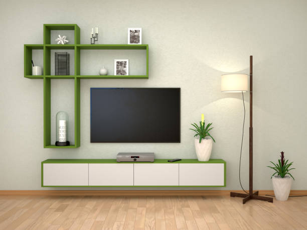 istock minimalist interior with a tv on the wall. 3d illustration 1073032572