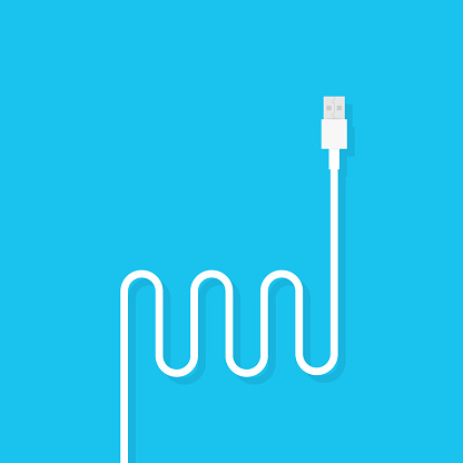 USB cable cord icon for web on blue background. Vector stock illustration.