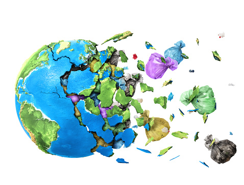 The planet shatters into shards and the garbage falls out of it isolated on white background