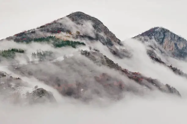 Mysterious moutain picks in a fog during the Autumn. Few red, yellow and green trees are visible.