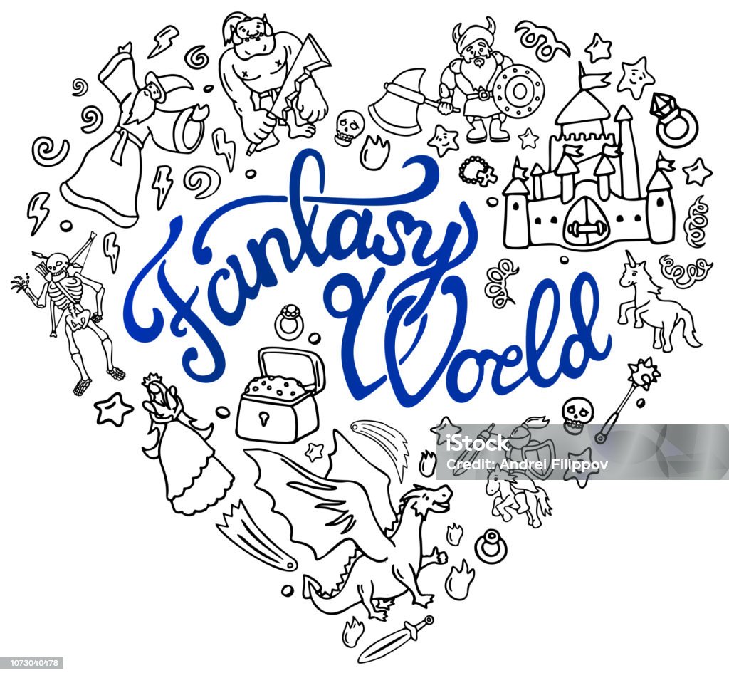 Set with doodle cartoon fantasy arts and lettering Beautiful set with doodle cartoon arts. Fantasy characters, items and castle on white background Knight - Person stock vector