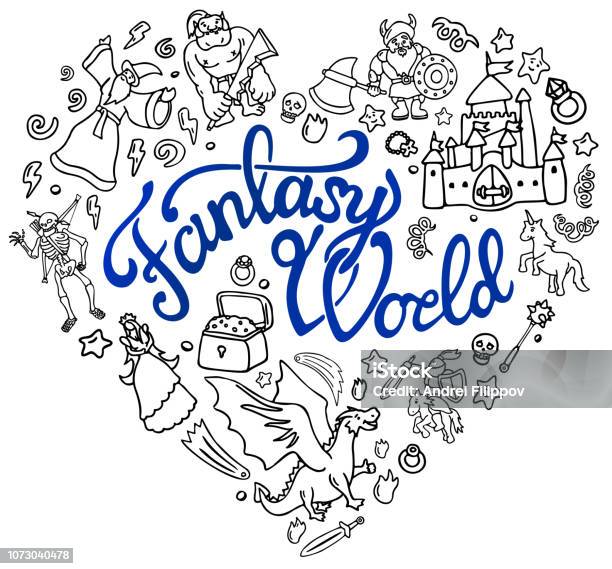 Set With Doodle Cartoon Fantasy Arts And Lettering Stock Illustration - Download Image Now - Knight - Person, Castle, Comedian
