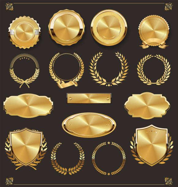 ilustraciones, imágenes clip art, dibujos animados e iconos de stock de retro de lujo insignias colección oro y plata - coat of arms crest ribbon frame