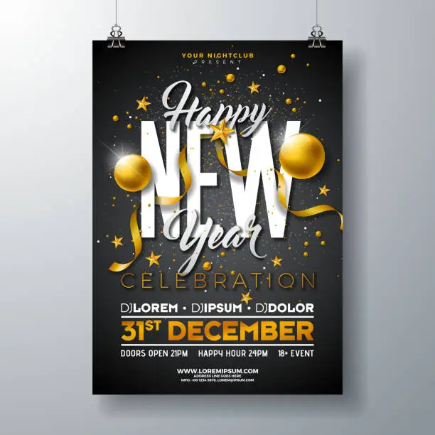 Vector illustration of Happy New Year Party Celebration Poster Template Illustration with Gold Glass Ball and Typography Design on Black Background. Vector Holiday Premium Invitation Flyer or Promo Banner.