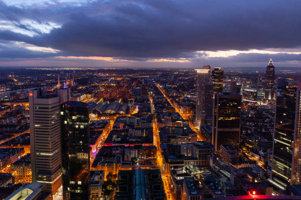 istock Financial district office buildings at night in Frankfurt am Main 1073041114