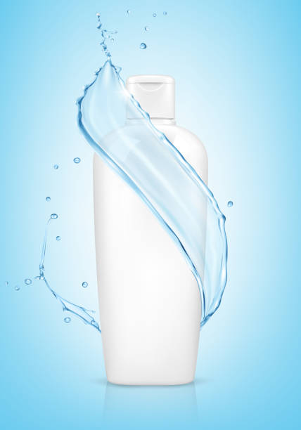 istock Vector illustration, cream, lotion, cosmetic milk for face and hands in white bottle on blue background with a milk splash. 1073041286