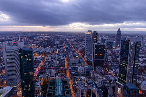 Financial district office buildings at dusk in Frankfurt am Main, Germany