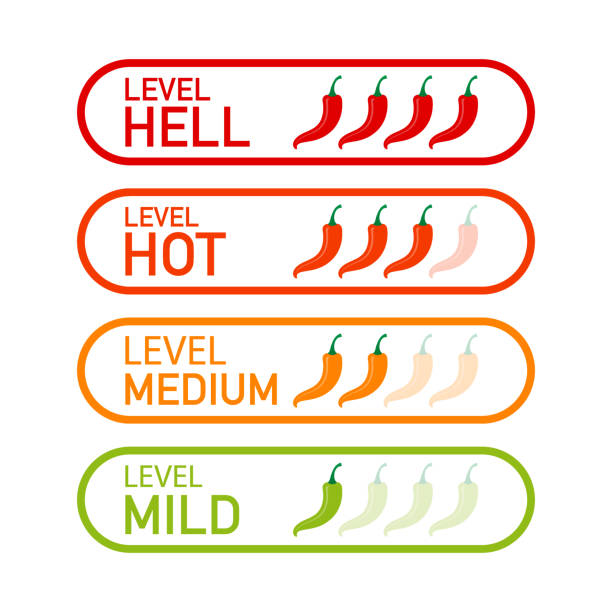 ilustrações de stock, clip art, desenhos animados e ícones de hot red pepper strength scale indicator with mild, medium, hot and hell positions. vector illustration. - information medium