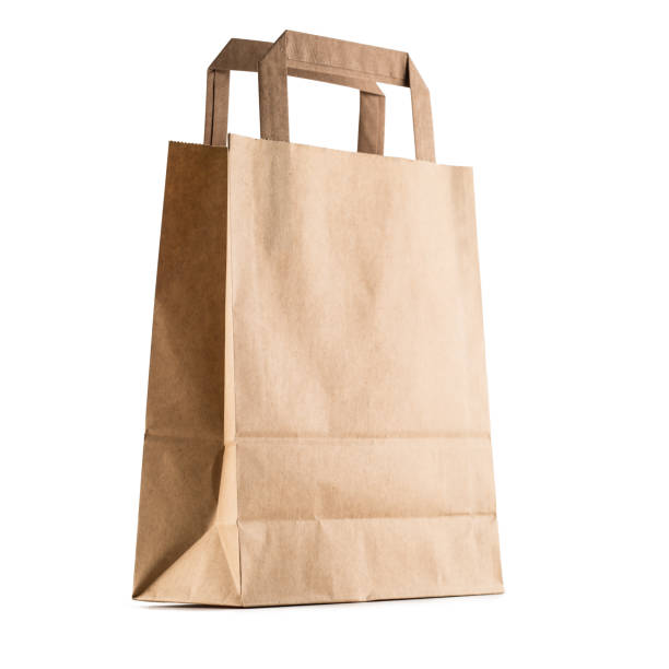 Close-up empty shopping hand bag with recycle paper isolated on white background.
