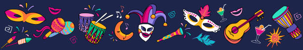 Bright colorful vector Seamless festive carnaval border, frame. Set icons, Carnival party decorate. Festival background Bright colorful vector illustration Seamless festive carnaval border, frame. Set icons for Carnival decorate. Carnival party, festival subjects, masks, musical instruments, fireworks, drinks, confetti fashion bazaar stock illustrations