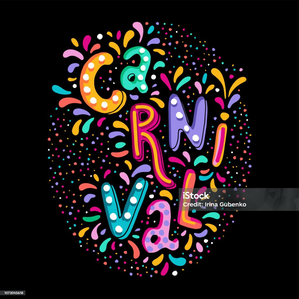 Bright colorful vector handwritten lettering text. Popular Event in Brazil. Carnival Title With Colorful Party Elements. Bright colorful vector illustration. Carnival festival decorate handwritten lettering text. Frame with colorful confetti and fireworks. Popular Event in Brazil. Carnival Title, Colorful Party Elements Carnival - Celebration Event stock vector