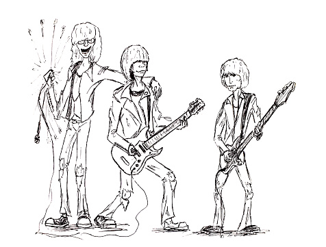 Rock band, singer and two guitarists. Figure gel pen. Vintage rock punk band