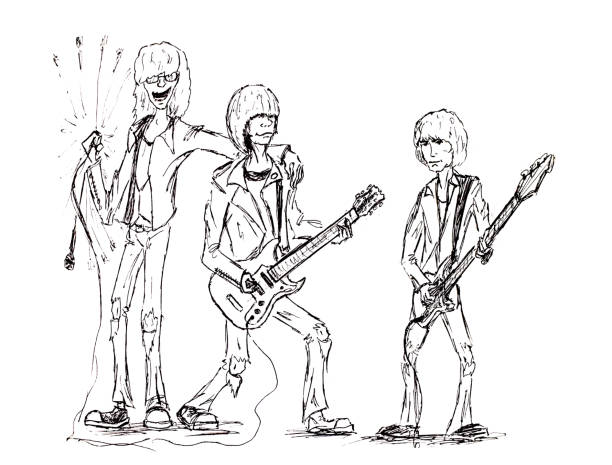 搖滾樂隊, 歌手和兩個吉他手。圖凝膠筆。復古搖滾朋克樂隊。 - 表演團體 插圖 幅插畫檔、美工圖案、卡通及圖標