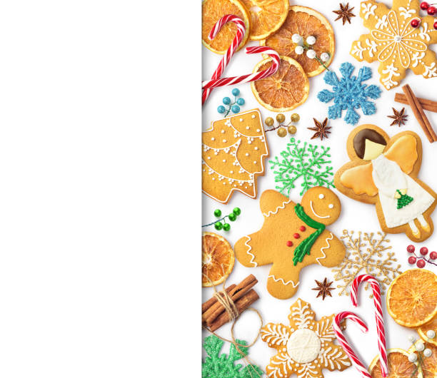 istock New Year's composition. Gingerbread Gingerbread and New Year Decorations Isolated on Color Background 1073048912