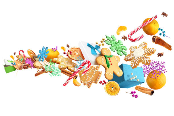 istock New Year's composition. Gingerbread Gingerbread and New Year Decorations Isolated on Color Background 1073049662