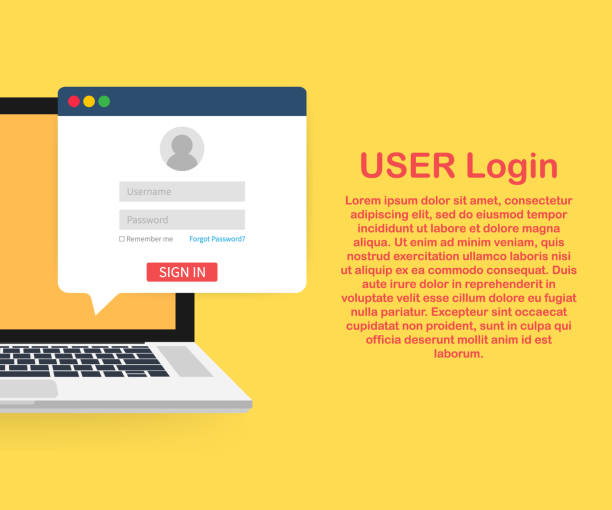 Sign in to account, user authorization, login authentication page concept. Laptop with login and password form page on screen. Sign in to account, user authorization, login authentication page concept. Laptop with login and password form page on screen. Vector stock illustration. crash site stock illustrations