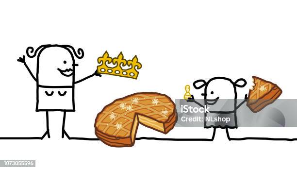 Dessin Animé Mère Et Lenfant Avec Epiphany Cake Vecteurs libres de droits et plus d'images vectorielles de Galette des Rois - Galette des Rois, Partage, Pâtisserie