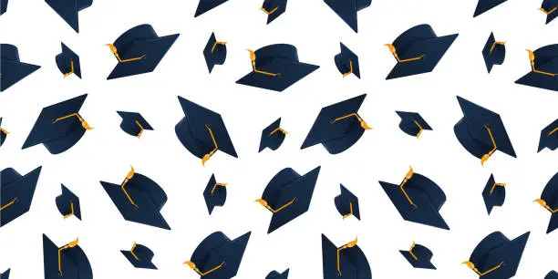 Vector illustration of Graduation cap seamless pattern.