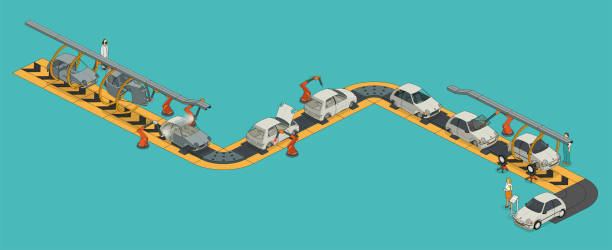 assembly line car factory assembly line. 26.57° isometric projection industry and manufacturing infographics stock illustrations