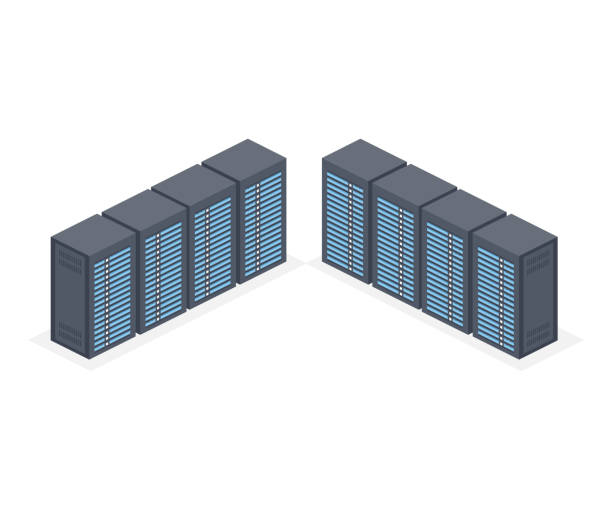 isometrische serverraum und große datenverarbeitung konzept, datacenter und daten basis-symbol, digitalen informations-und telekommunikationstechnologie - data base symbol computer icon stock-grafiken, -clipart, -cartoons und -symbole