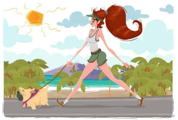 Vector illustration of Strolling with the dog (beach)