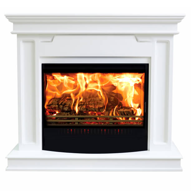istock Burning gas fireplace isolated on white background 1073086182