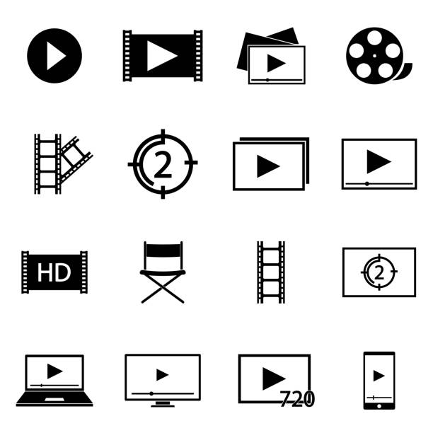 wektorowe czarne ikony technologii filmowych ustawione na szaro - dvd player computer icon symbol icon set stock illustrations