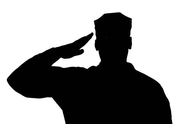 Saluting soldier silhouette on white background isolated Shoulder silhouette of saluting army soldier in utility cover or cap isolated on white background. Troops hand salute ceremonial greeting, showing respect in army, military funeral honors concept militant groups photos stock pictures, royalty-free photos & images