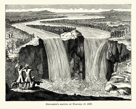 Vintage engraving of Hennepin's sketch of Niagara Falls in 1678, 17th Century