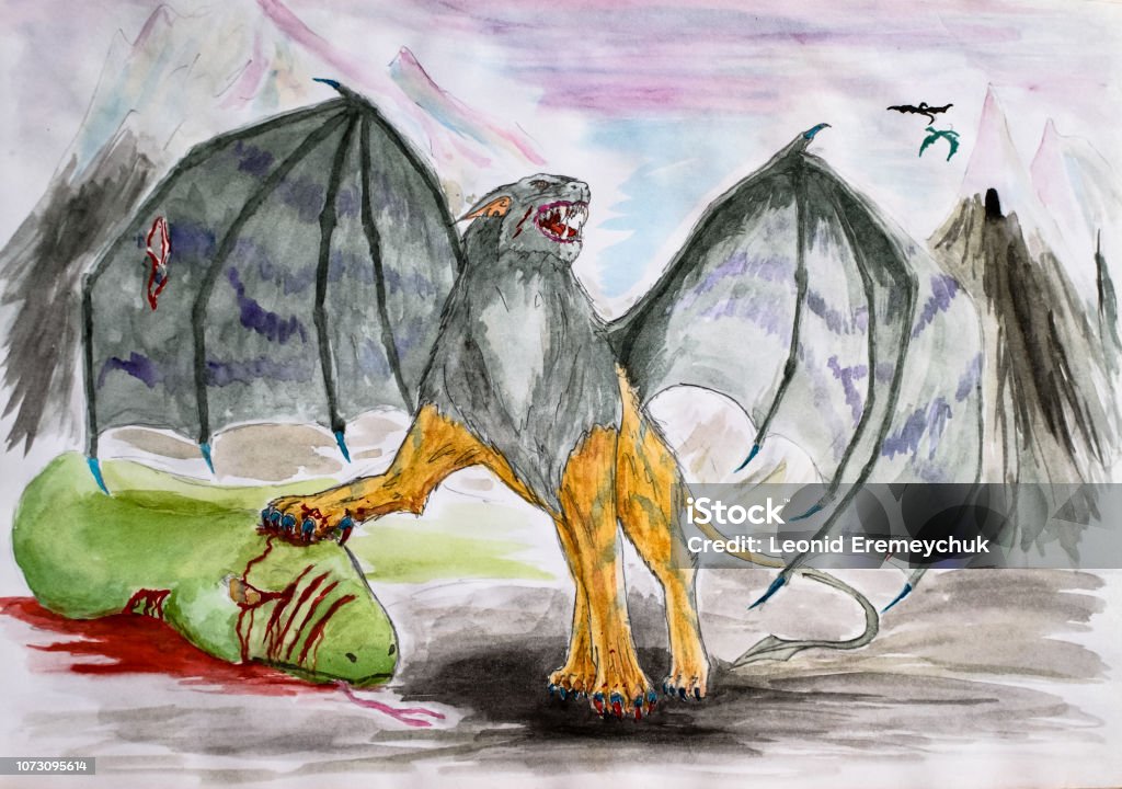 Fantastic winged lion killed the green serpent. Non-existent predatory animals drawing watercolor. Fantastic winged lion killed the green serpent. Non-existent predatory animals drawing watercolor Abstract stock illustration