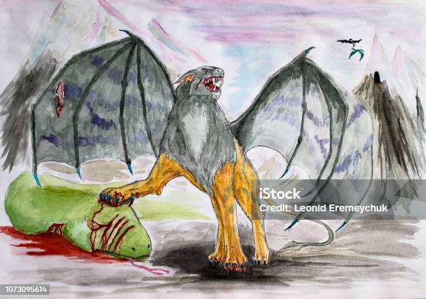 Fantastic Winged Lion Killed The Green Serpent Nonexistent Predatory Animals Drawing Watercolor Stock Illustration - Download Image Now