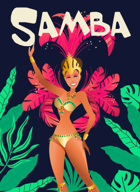 ilustraciones, imágenes clip art, dibujos animados e iconos de stock de carteles de la samba brasileña. baile carnaval de río de janeiro bailarines usando un traje de fiesta. ilustración de vector. - samba