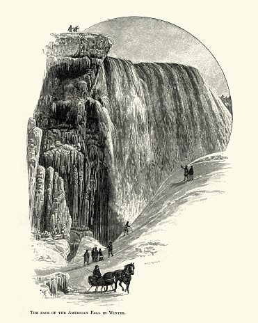Vintage engraving of American Falls in winter, Niagara Falls, 19th Century
