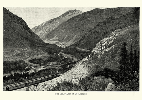 Vintage engraving of  The Great Loop Railroad, near Georgetown, Colorado, 19th Century