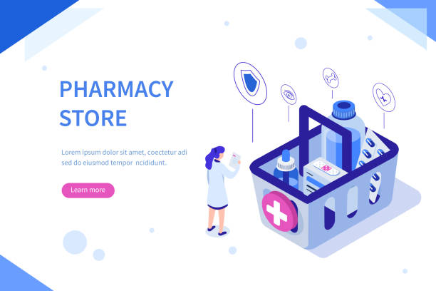 pharmacy store Pharmacy store concept. Can use for web banner, infographics, hero images. Flat isometric vector illustration isolated on white background. pharmacy store stock illustrations