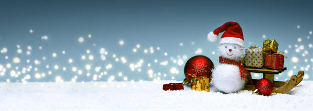 istock Christmas snowman with gifts on the sledge and snowfall. 1073105554