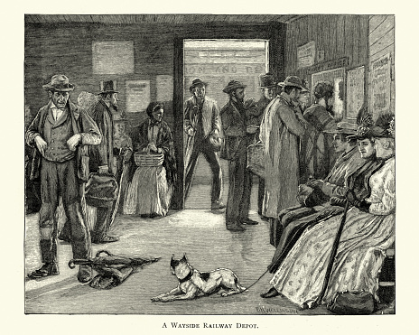 Vintage engraving of Passengers waiting at a wayside railway station, USA, 19th Century.