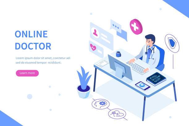online doctor Online doctor at work Can use for web banner, infographics, hero images. Flat isometric vector illustration isolated on white background. practicing stock illustrations