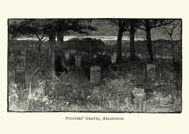 Vintage engraving of Soldiers, graves at Arlington National Cemetery, 19th Century. a United States military cemetery in Arlington County, Virginia, across the Potomac River from Washington, D.C., in whose 624 acres the dead of the nation's conflicts have been buried, beginning with the Civil War, as well as reinterred dead from earlier wars.