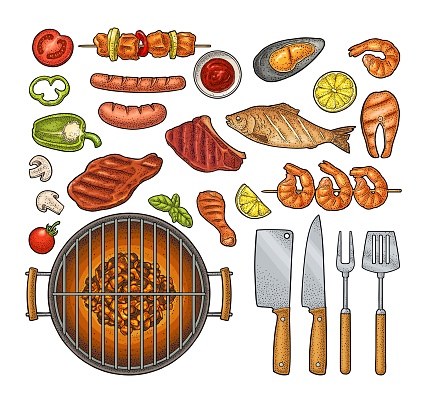 Barbecue grill top view charcoal, kebab, mushroom, tomato, fish, steak