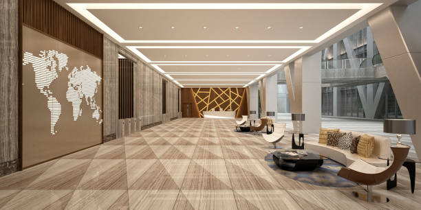 3d render hotel lobby reception 3d render hotel lobby reception floor length stock pictures, royalty-free photos & images