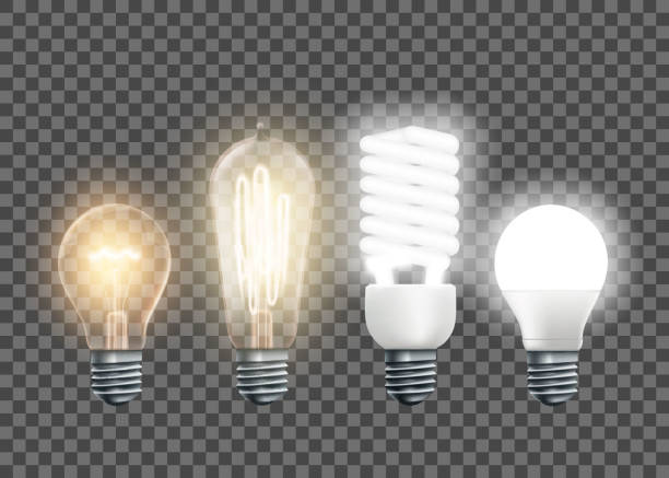 Tungsten, Edison, fluorescent and led light bulbs Set of electric lamps, tungsten, Edison, fluorescent and led. Isolated on a transparent background. Vector illustration. led stock illustrations