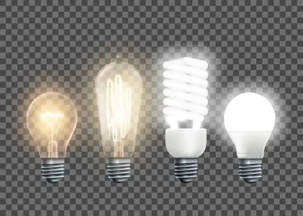 Vector illustration of Tungsten, Edison, fluorescent and led light bulbs
