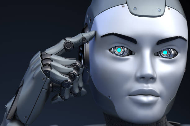 istock Robot holds a finger near the head 1073119414